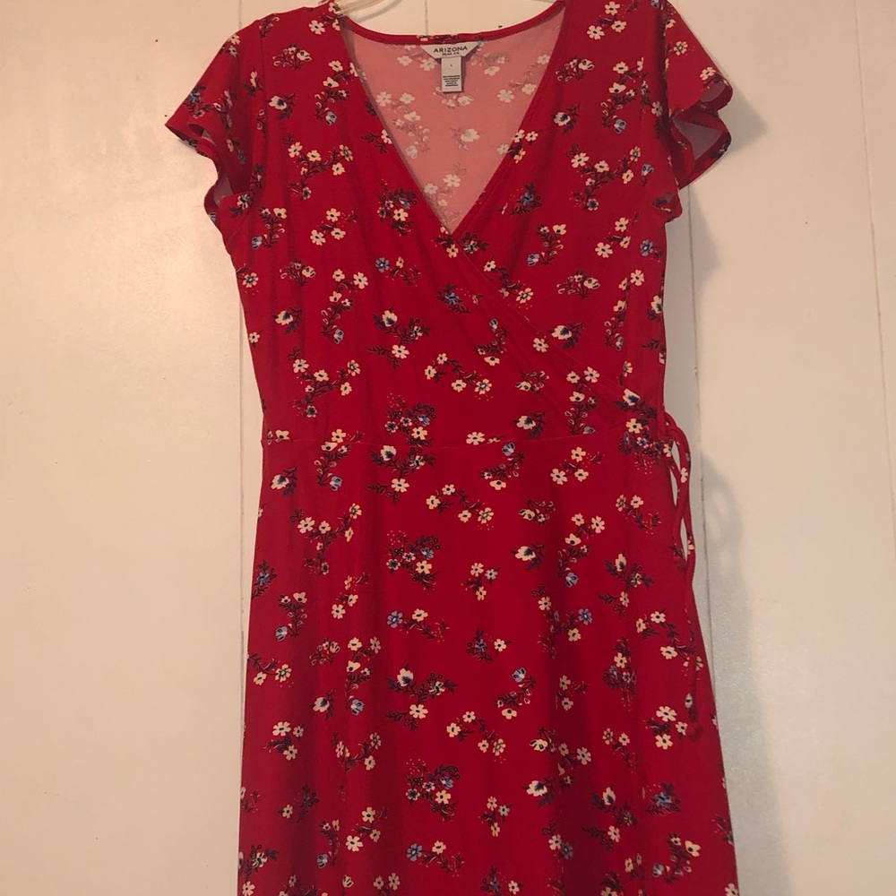 I am selling a bright red floral dress